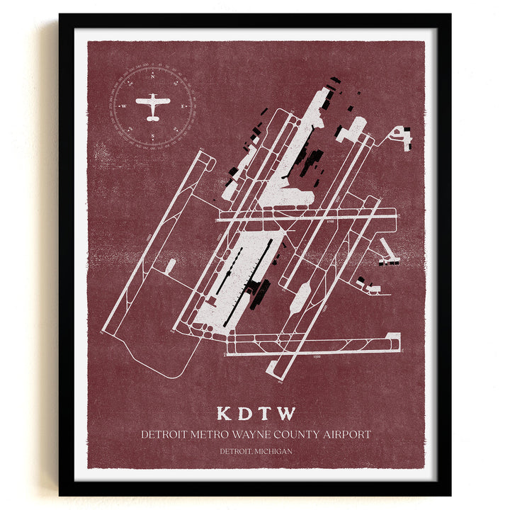 DTW Airport Map, Vintage Style, Detroit Metro Wayne County Airport Print
