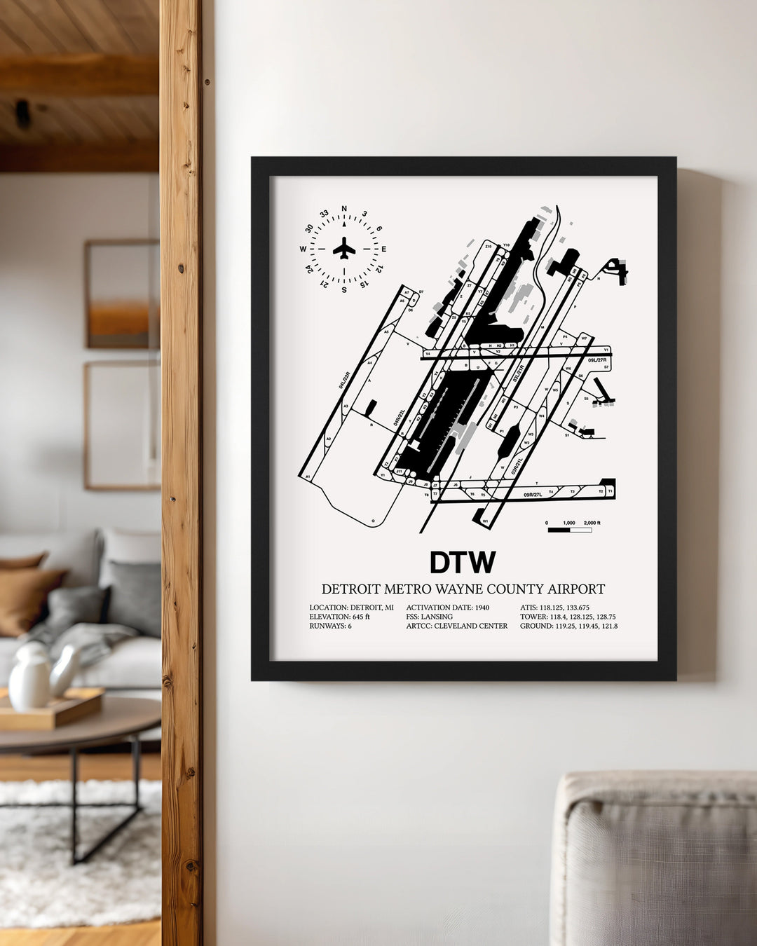 Framed Detailed Airport Map of Detroit Metropolitan Wayne County Airport (DTW) in White with a Black Frame