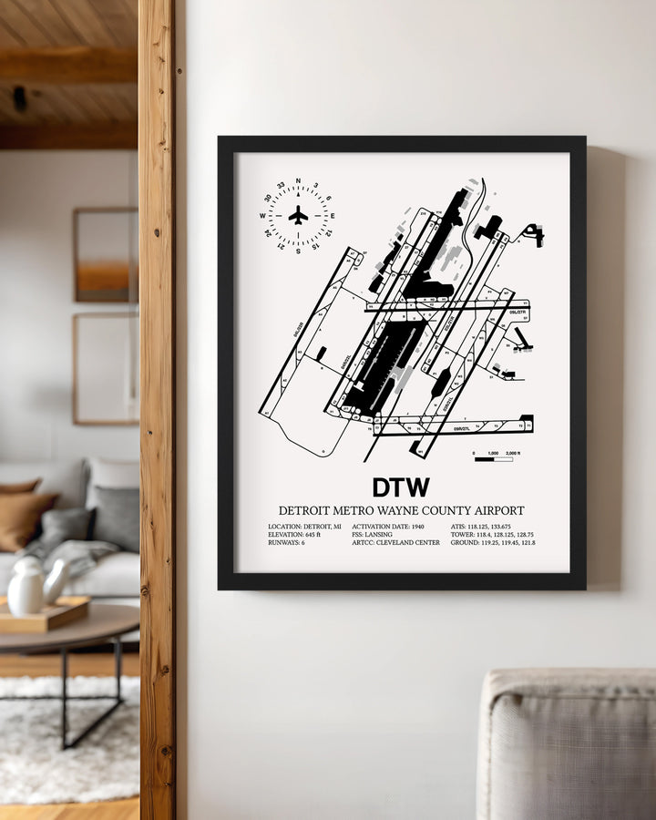 Framed Detailed Airport Map of Detroit Metropolitan Wayne County Airport (DTW) in White with a Black Frame