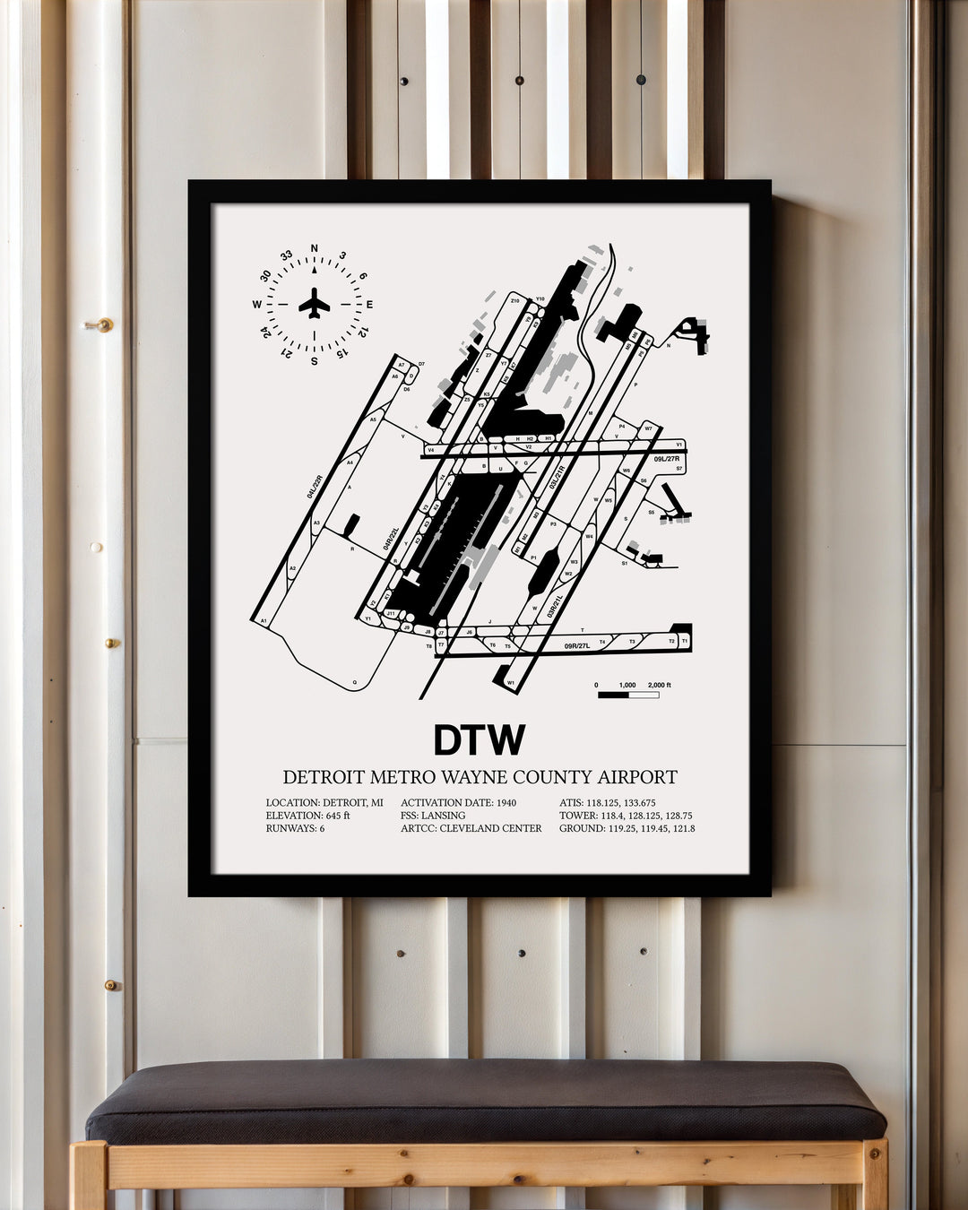 Framed Detailed Airport Map of Detroit Metropolitan Wayne County Airport (DTW) in White with a Black Frame