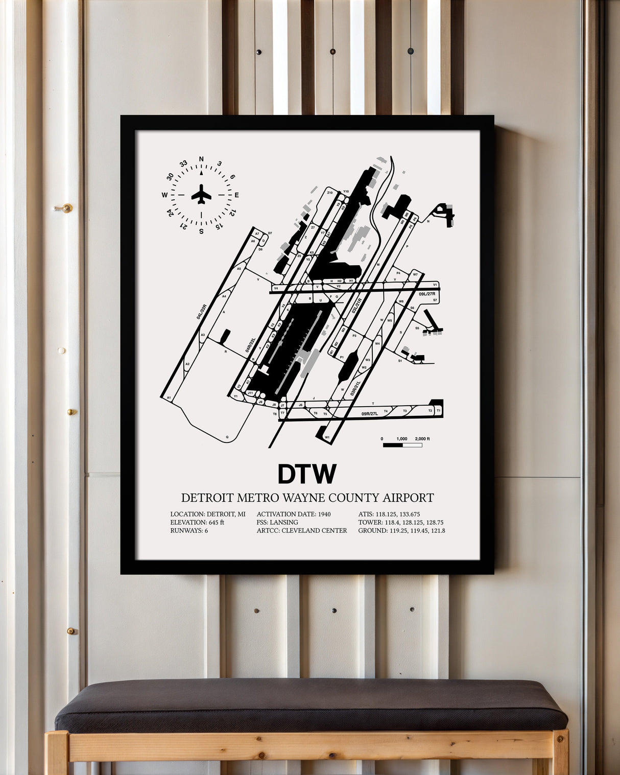 Framed Detailed Airport Map of Detroit Metropolitan Wayne County Airport (DTW) in White with a Black Frame