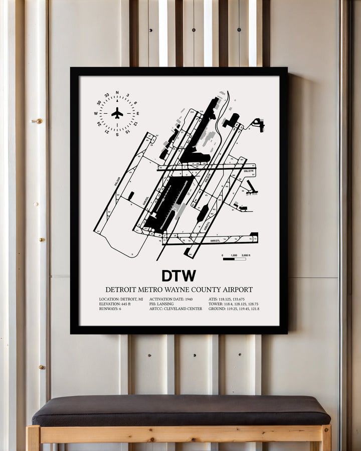 Framed Detailed Airport Map of Detroit Metropolitan Wayne County Airport (DTW) in White with a Black Frame