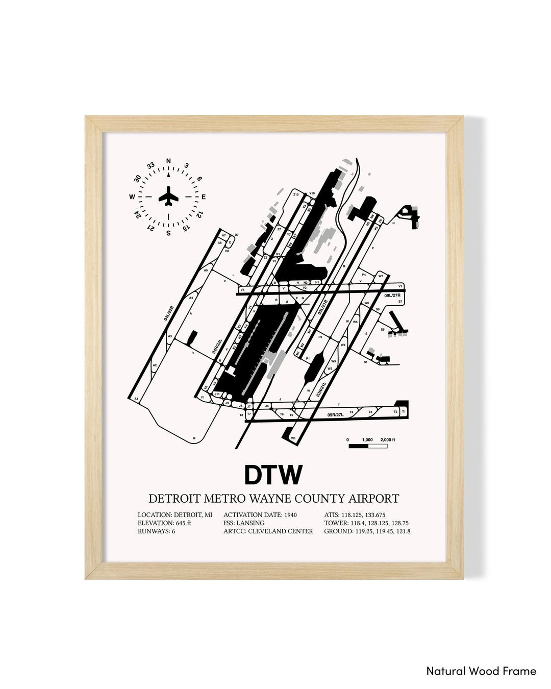 Detailed Airport Map of Detroit Metropolitan Wayne County Airport (DTW) in White with a Natural Frame