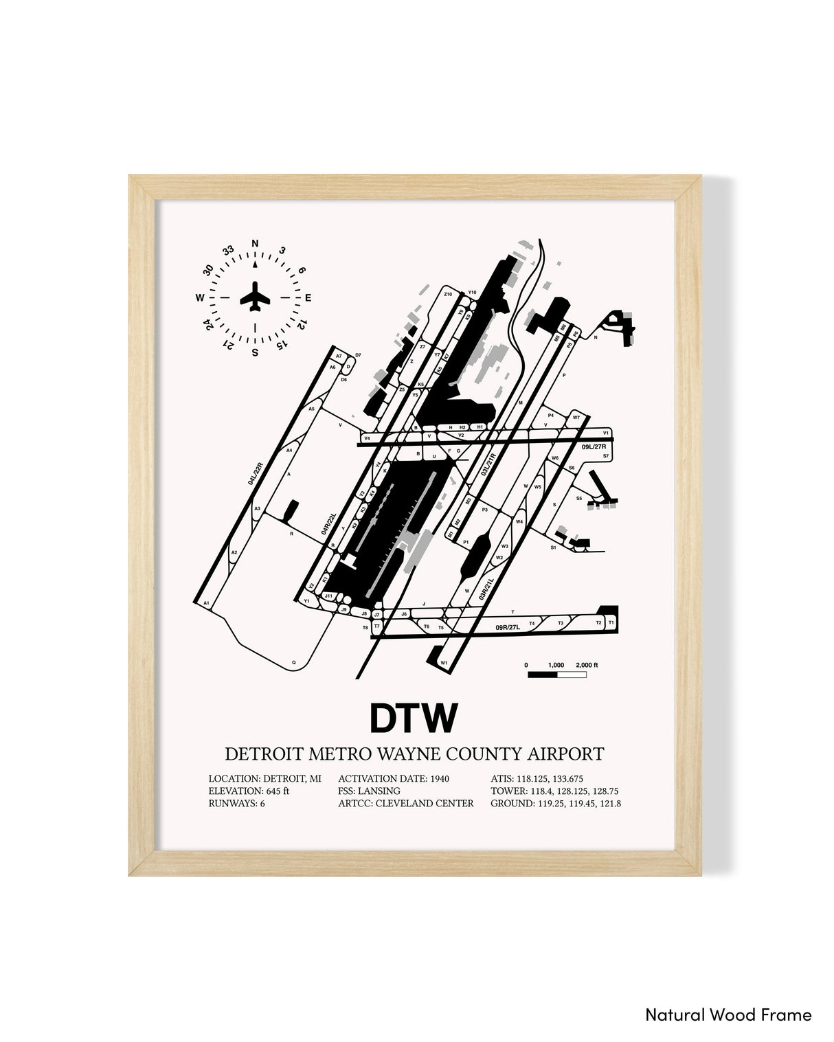 Detailed Airport Map of Detroit Metropolitan Wayne County Airport (DTW) in White with a Natural Frame