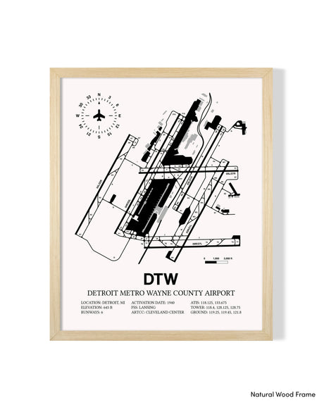 Detailed Airport Map of Detroit Metropolitan Wayne County Airport (DTW) in White with a Natural Frame