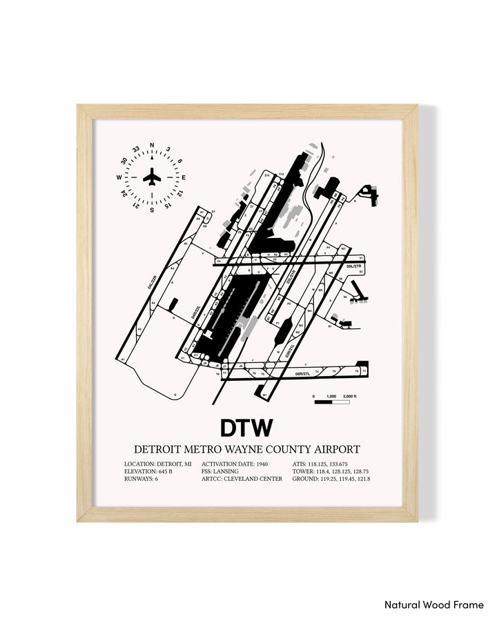 Detailed Airport Map of Detroit Metropolitan Wayne County Airport (DTW) in White with a Natural Frame