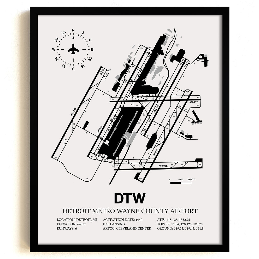 Framed Detailed Airport Map of Detroit Metropolitan Wayne County Airport (DTW) in White with a Black Frame