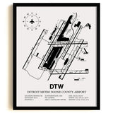 Framed Detailed Airport Map of Detroit Metropolitan Wayne County Airport (DTW) in White with a Black Frame
