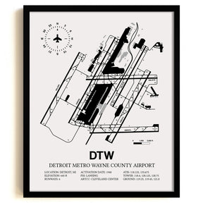 Framed Detailed Airport Map of Detroit Metropolitan Wayne County Airport (DTW) in White with a Black Frame