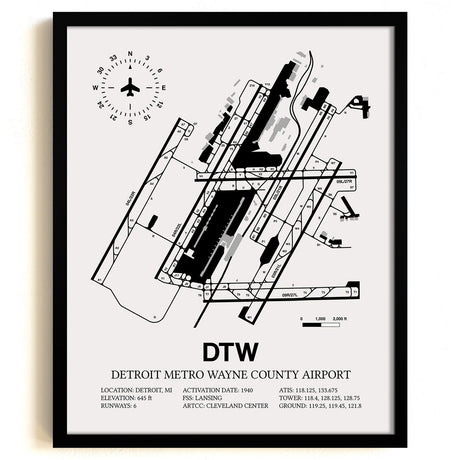Framed Detailed Airport Map of Detroit Metropolitan Wayne County Airport (DTW) in White with a Black Frame