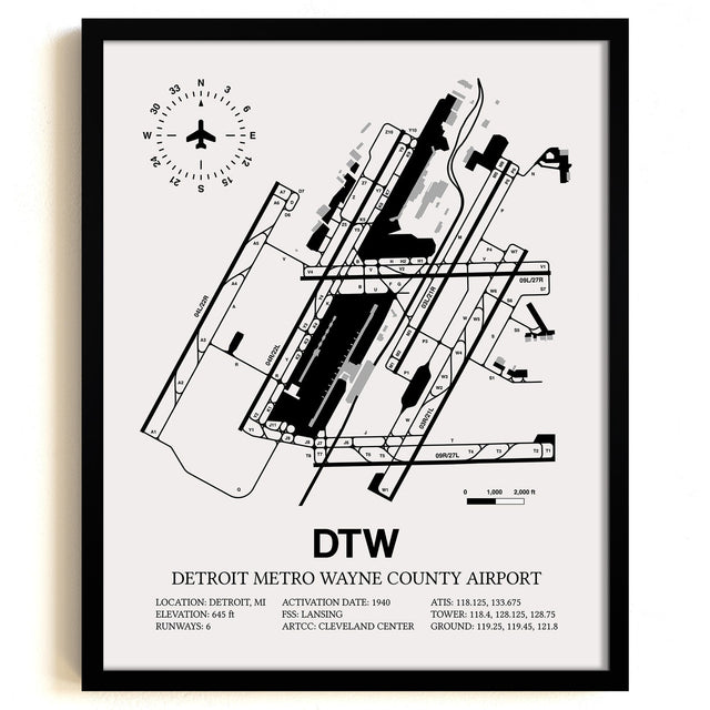 Framed Detailed Airport Map of Detroit Metropolitan Wayne County Airport (DTW) in White with a Black Frame