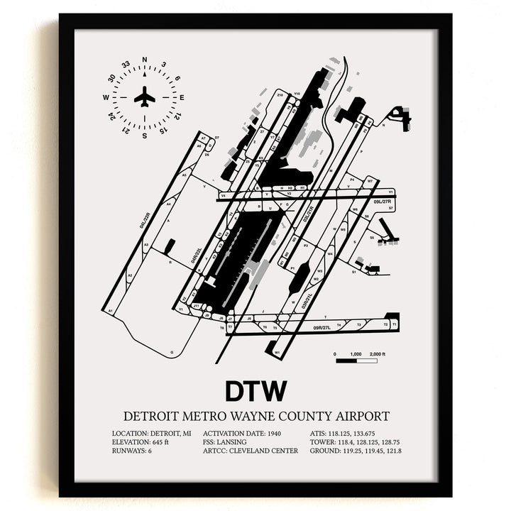 Framed Detailed Airport Map of Detroit Metropolitan Wayne County Airport (DTW) in White with a Black Frame