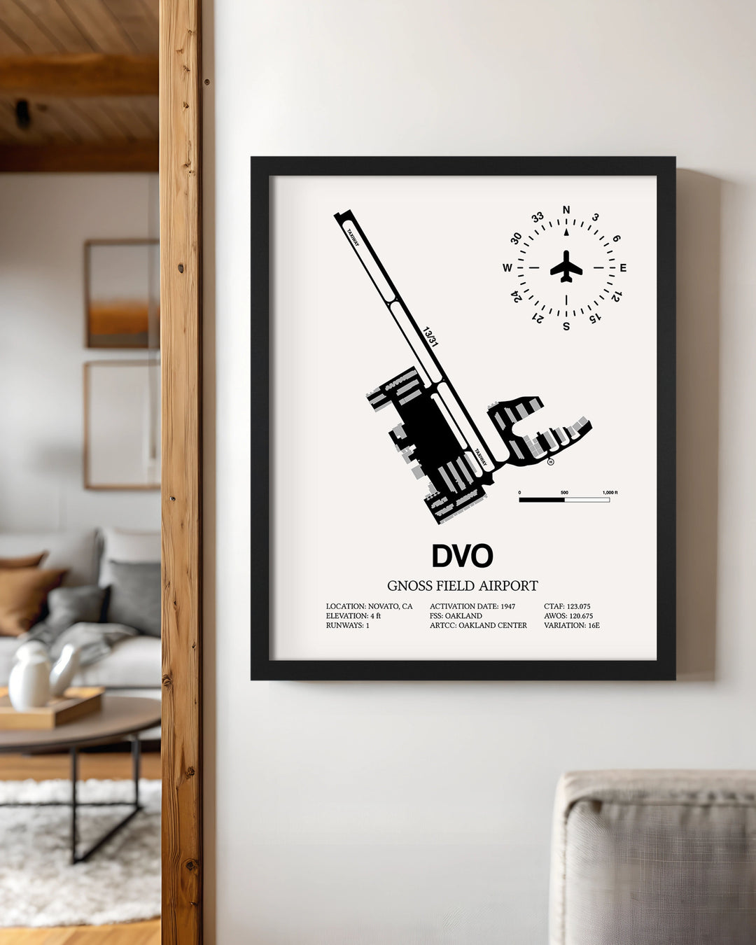 Framed Detailed Airport Map of Gnoss Field Airport (DVO) in White with a Black Frame