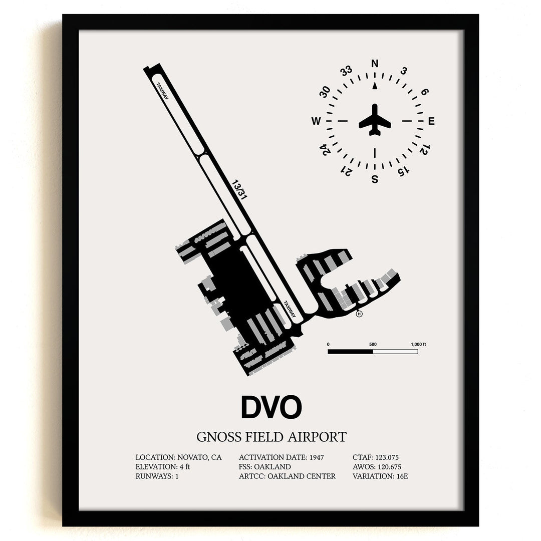 Framed Detailed Airport Map of Gnoss Field Airport (DVO) in White with a Black Frame