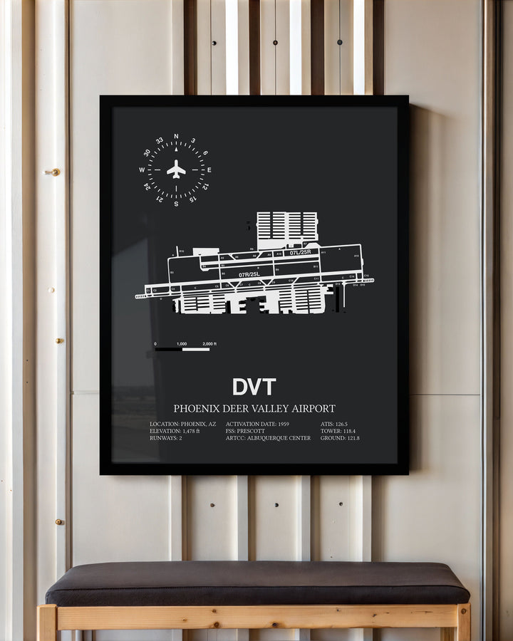 Framed Detailed Airport Map of Phoenix Deer Valley Airport (DVT) in Gray with a Black Frame