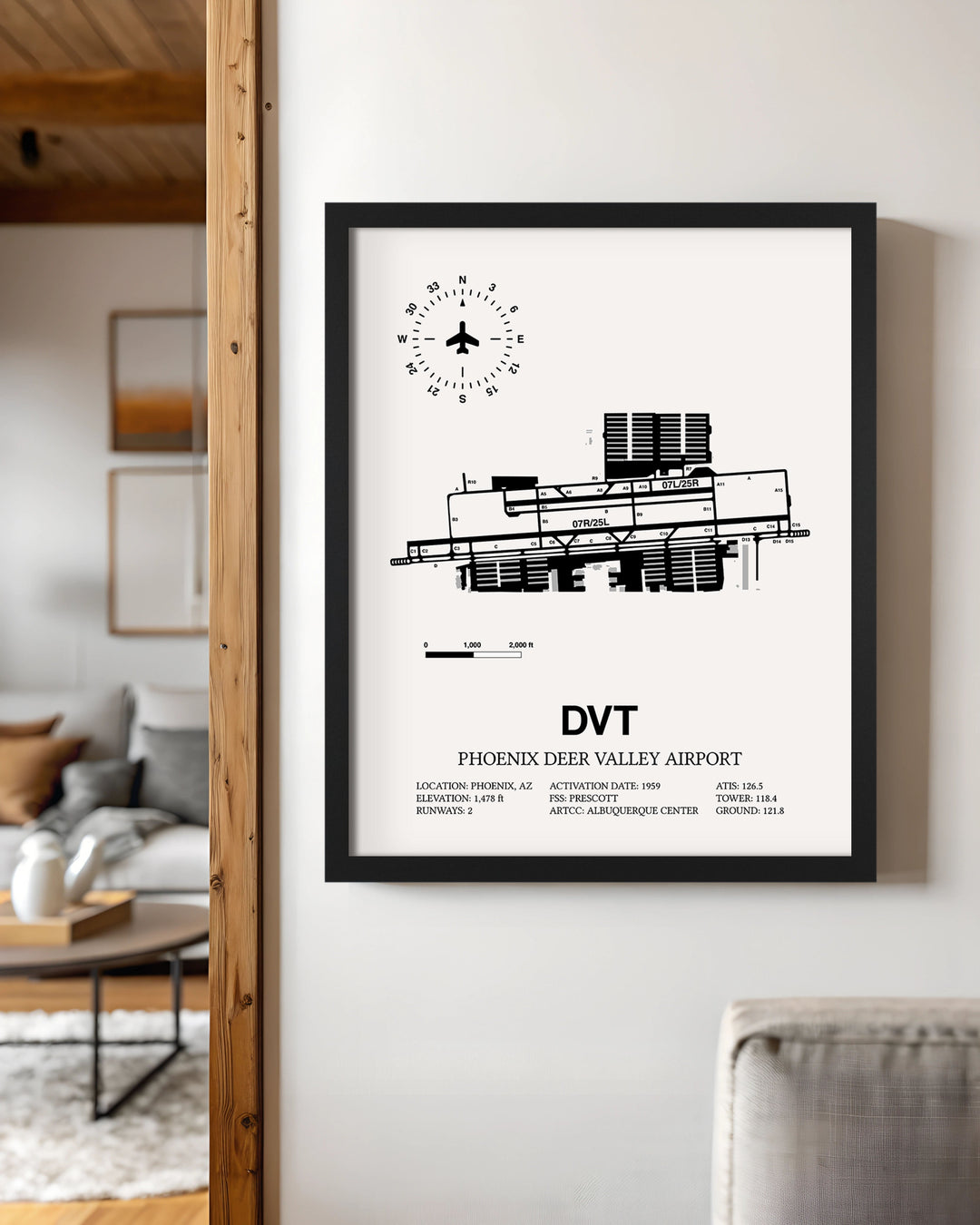 Framed Detailed Airport Map of Phoenix Deer Valley Airport (DVT) in White with a Black Frame