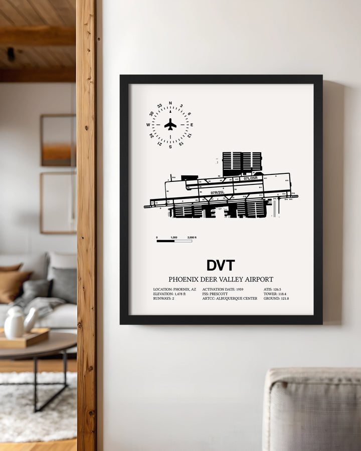 Framed Detailed Airport Map of Phoenix Deer Valley Airport (DVT) in White with a Black Frame