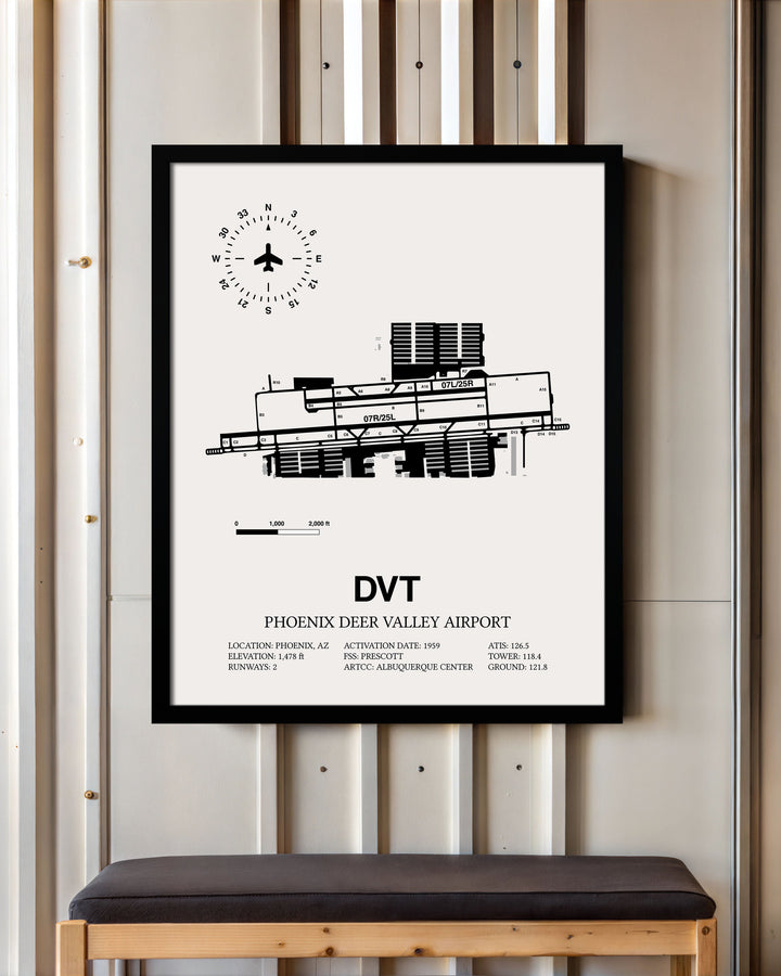 Framed Detailed Airport Map of Phoenix Deer Valley Airport (DVT) in White with a Black Frame