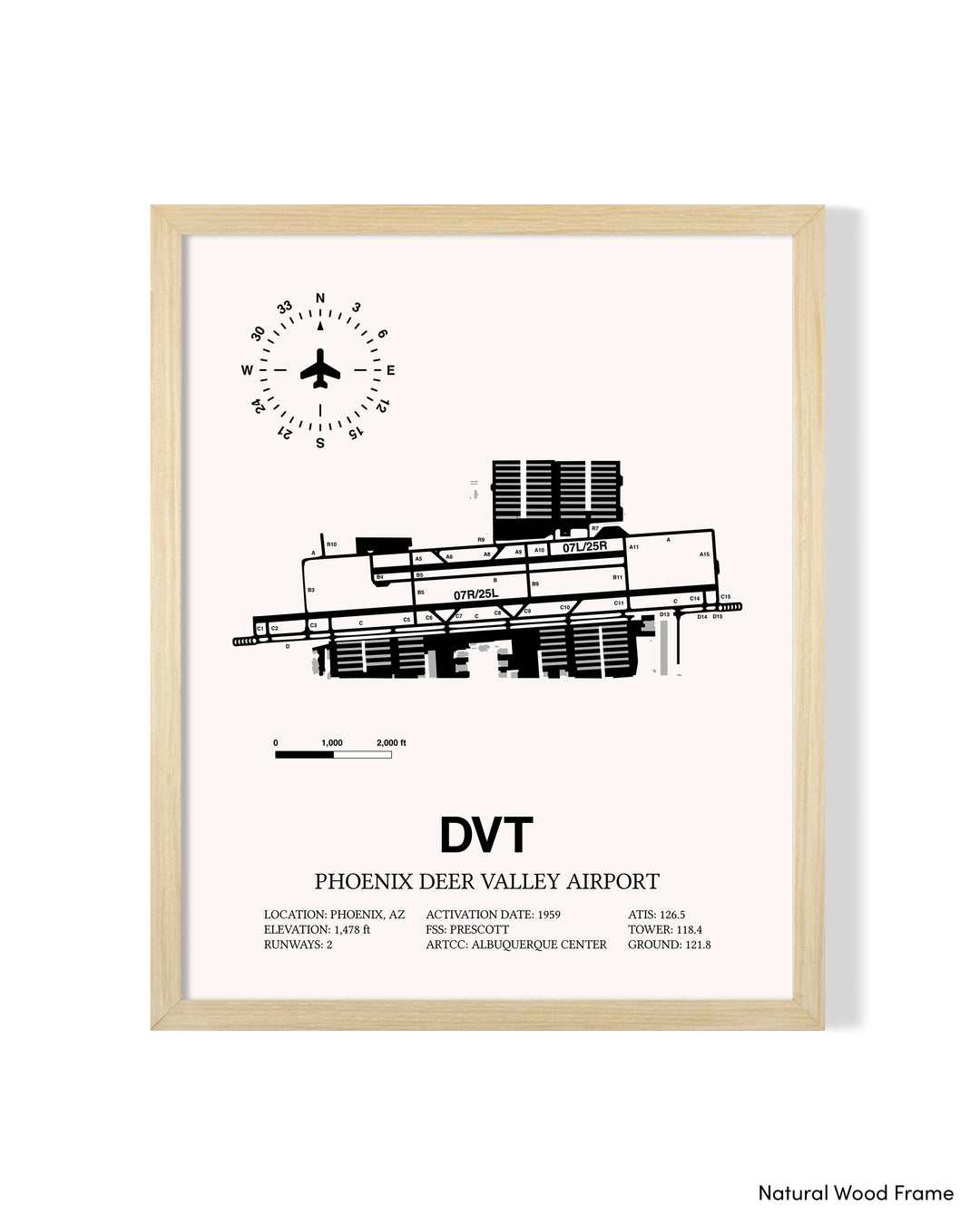 Detailed Airport Map of Phoenix Deer Valley Airport (DVT) in White with a Natural Frame