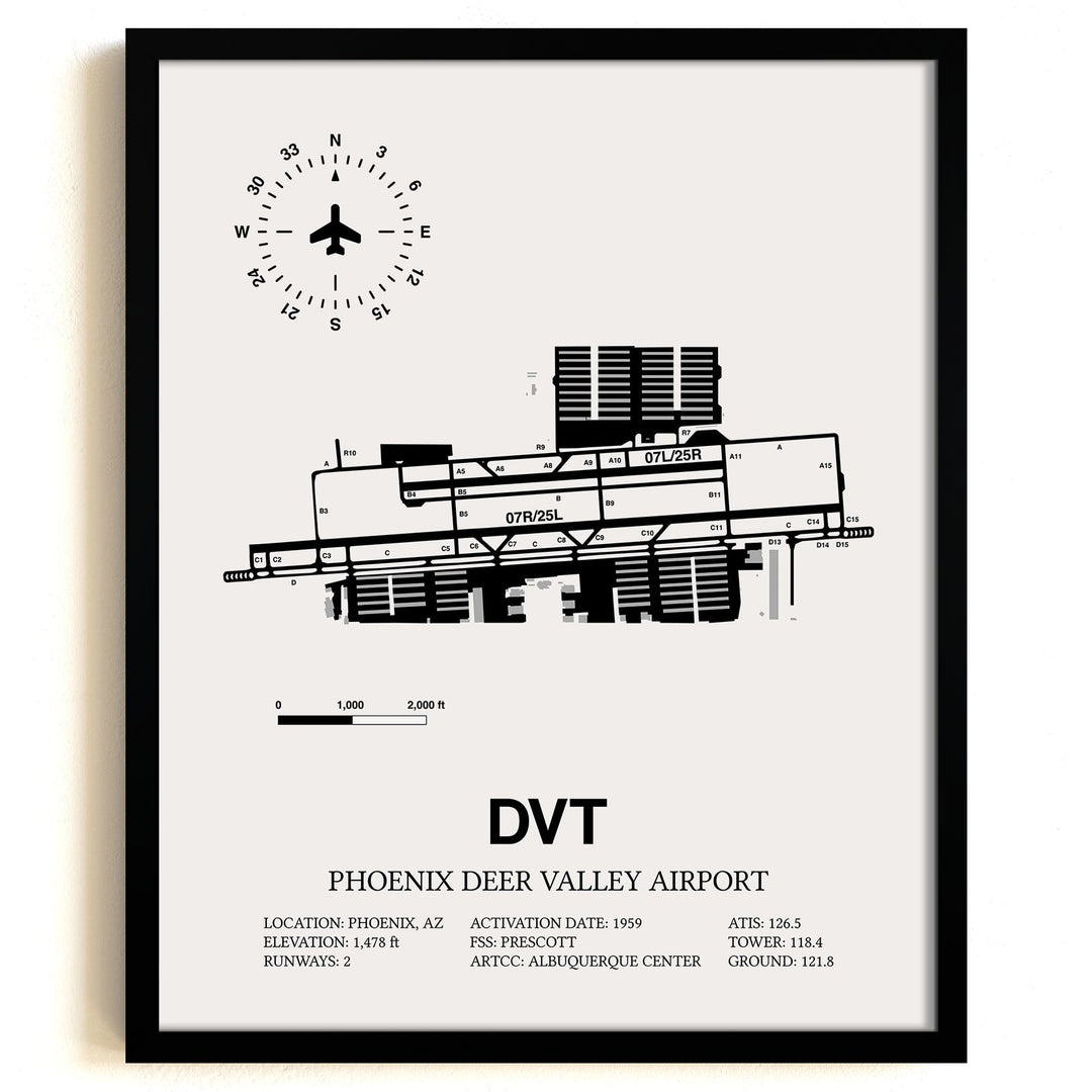 Framed Detailed Airport Map of Phoenix Deer Valley Airport (DVT) in White with a Black Frame