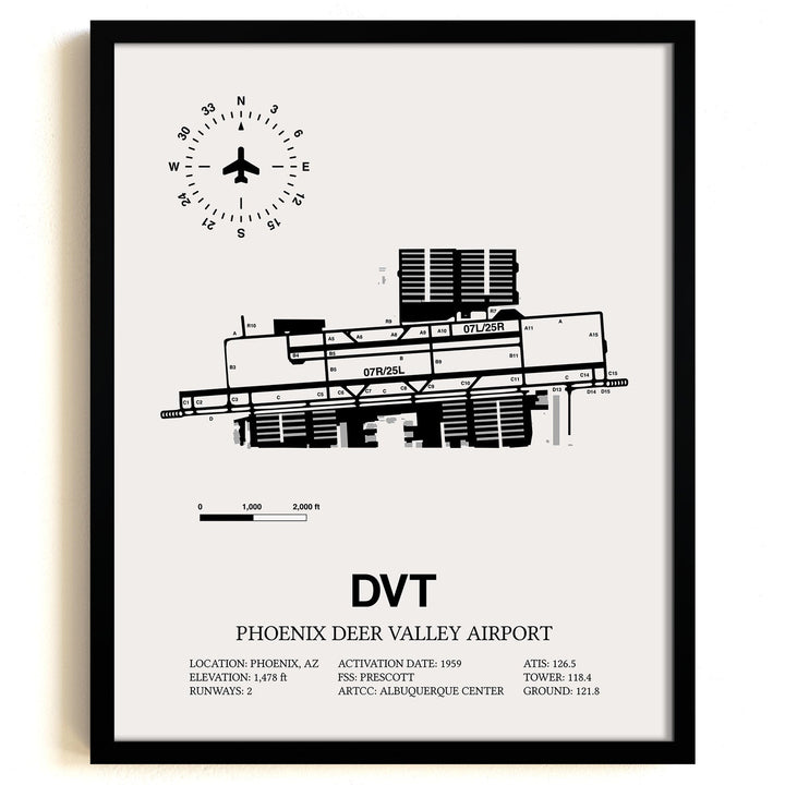 Framed Detailed Airport Map of Phoenix Deer Valley Airport (DVT) in White with a Black Frame
