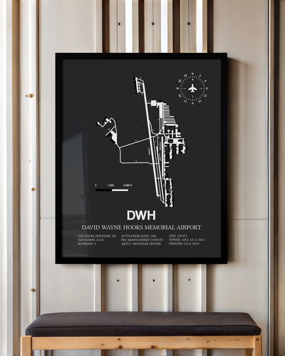 Framed Detailed Airport Map of David Wayne Hooks Memorial Airport (DWH) in Gray with a Black Frame