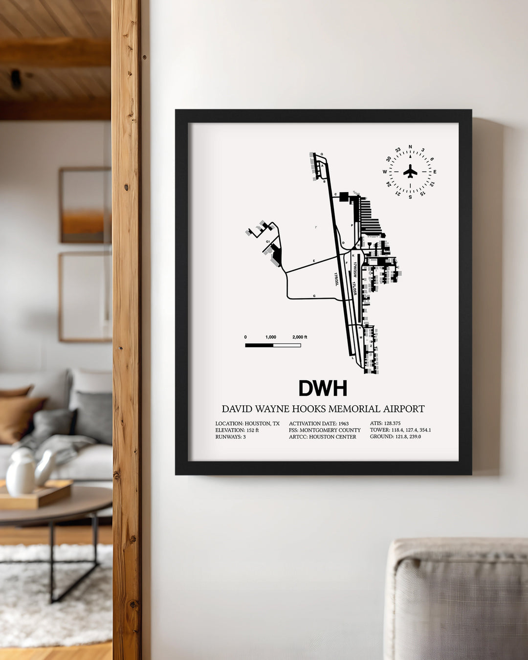 Framed Detailed Airport Map of David Wayne Hooks Memorial Airport (DWH) in White with a Black Frame