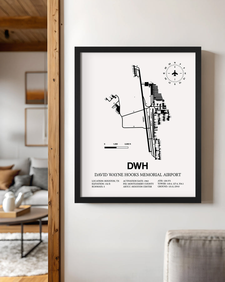 Framed Detailed Airport Map of David Wayne Hooks Memorial Airport (DWH) in White with a Black Frame