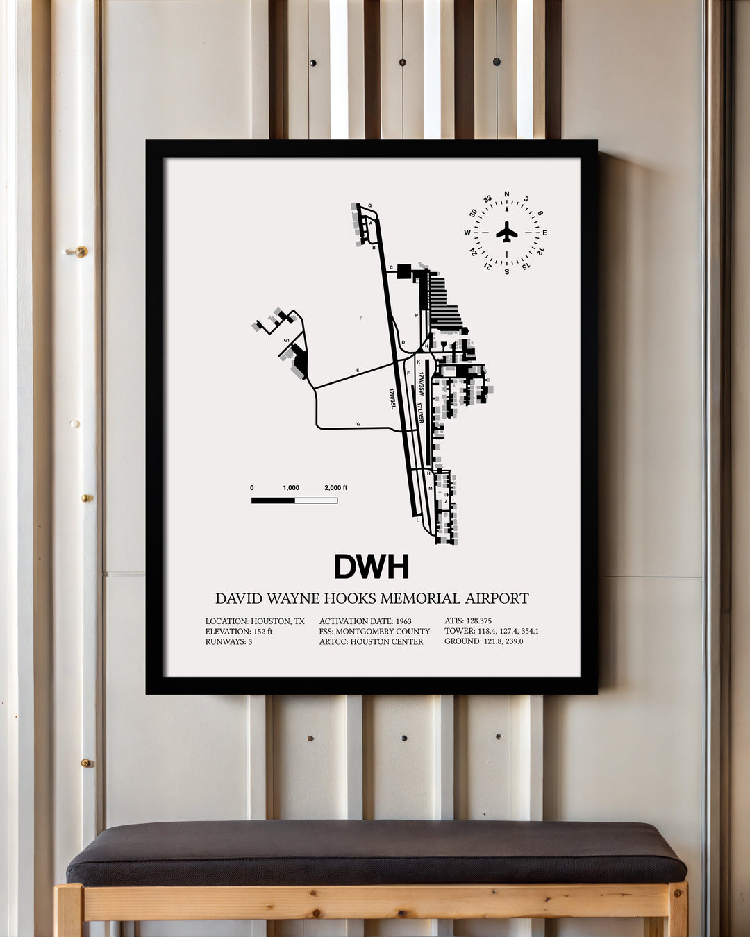 Framed Detailed Airport Map of David Wayne Hooks Memorial Airport (DWH) in White with a Black Frame