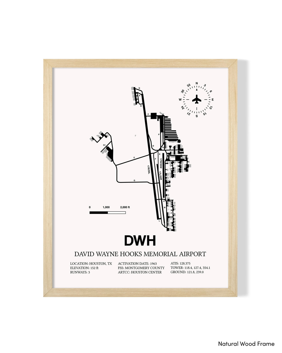 Detailed Airport Map of David Wayne Hooks Memorial Airport (DWH) in White with a Natural Frame