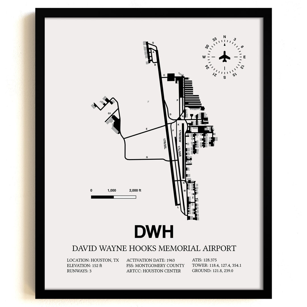 Framed Detailed Airport Map of David Wayne Hooks Memorial Airport (DWH) in White with a Black Frame
