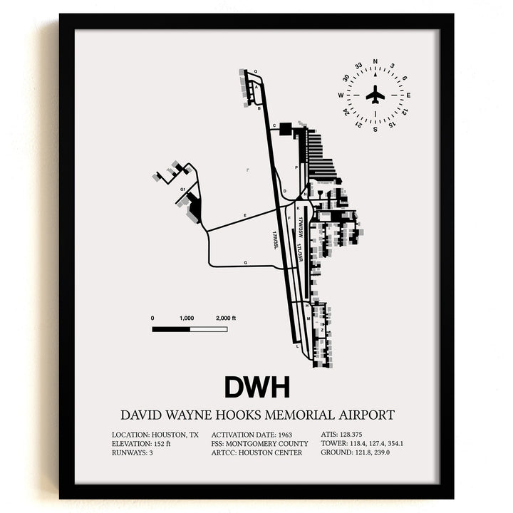 Framed Detailed Airport Map of David Wayne Hooks Memorial Airport (DWH) in White with a Black Frame