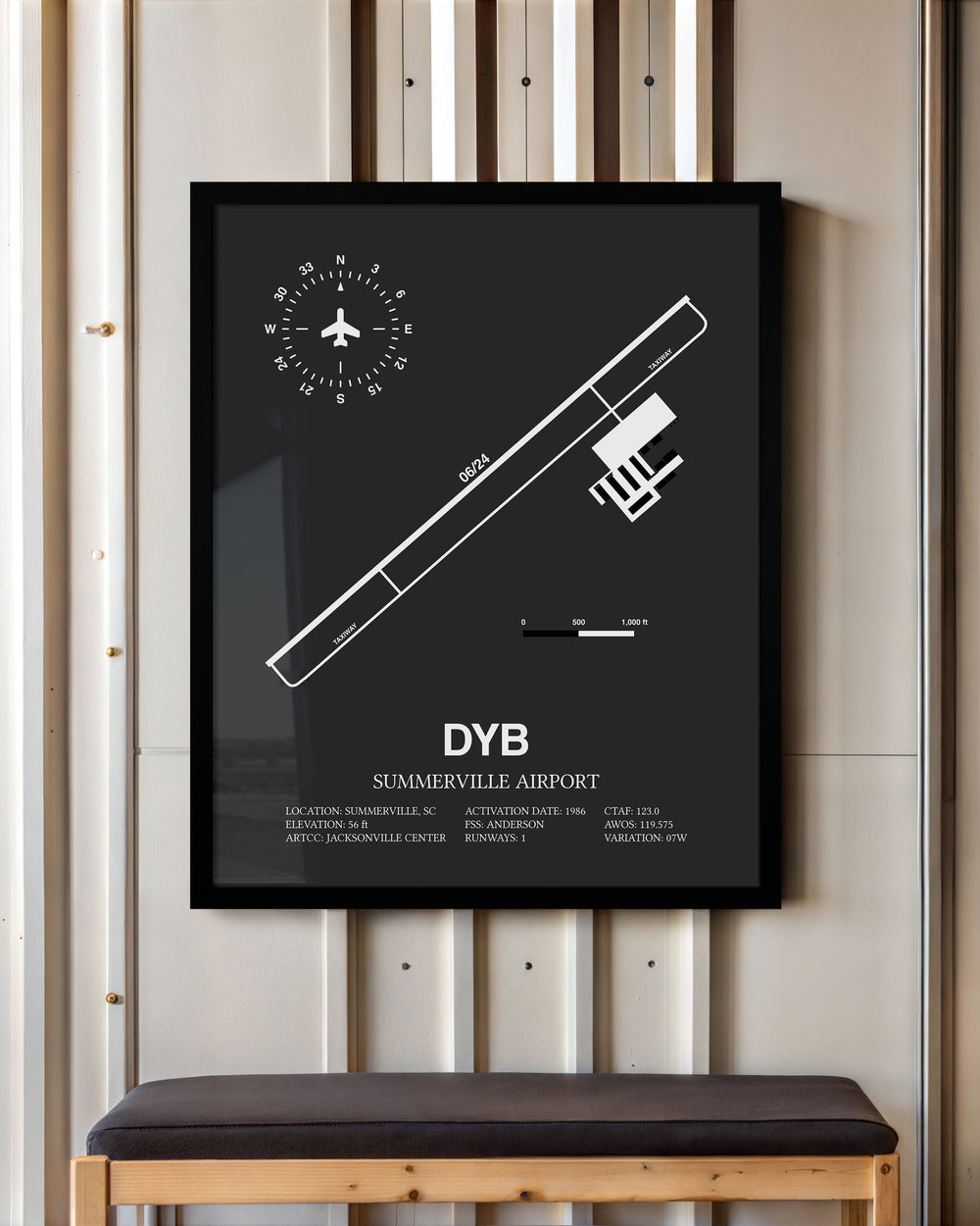 Framed Detailed Airport Map of Summerville Airport (DYB) in Gray with a Black Frame