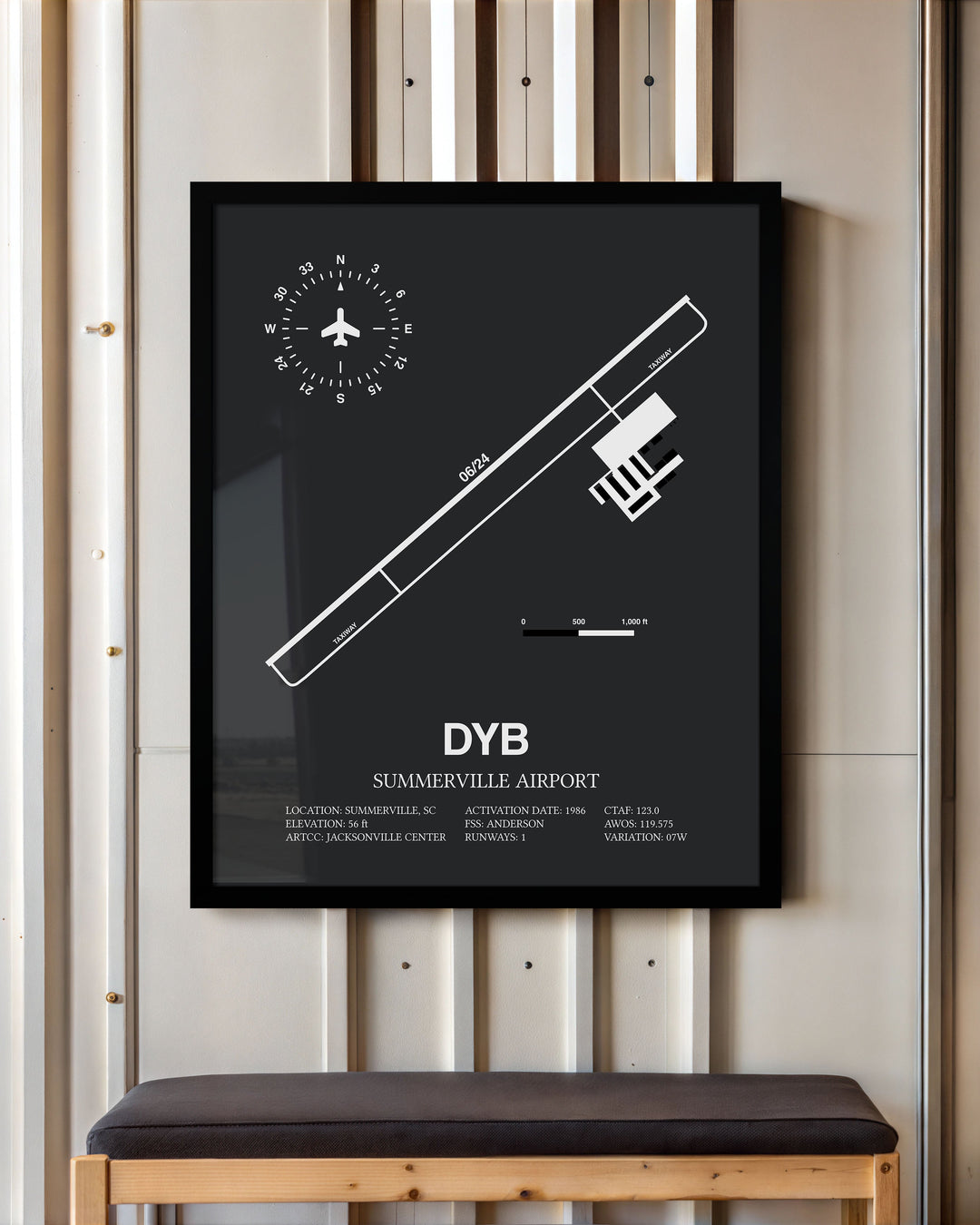 Framed Detailed Airport Map of Summerville Airport (DYB) in Gray with a Black Frame
