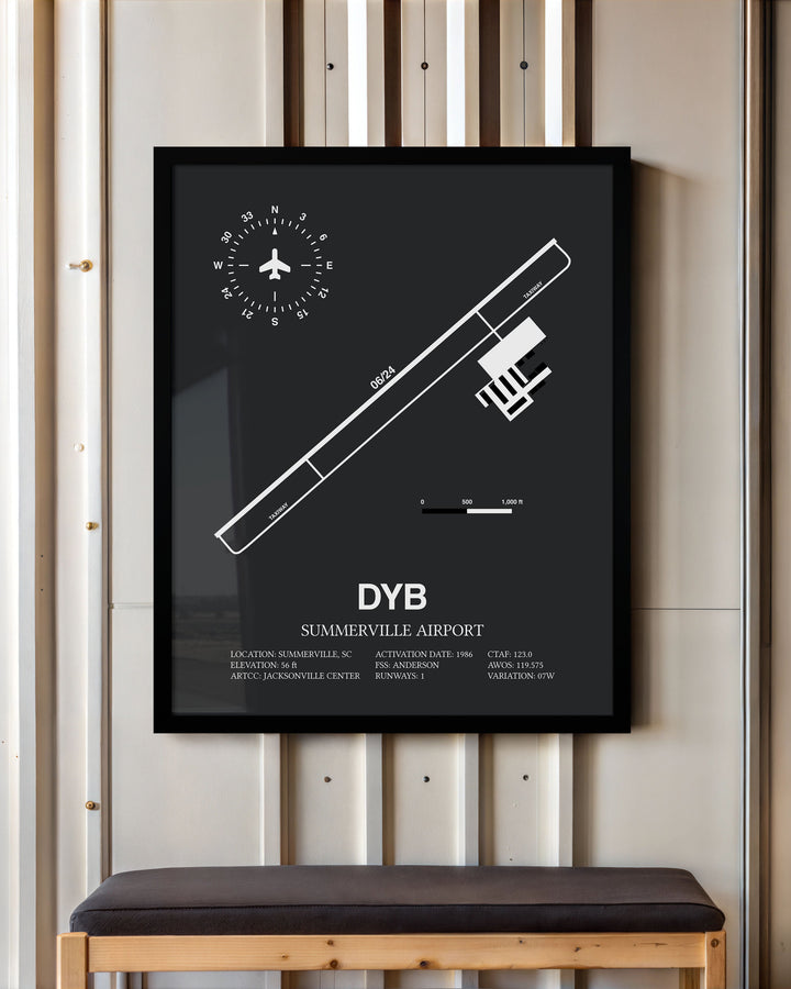 Framed Detailed Airport Map of Summerville Airport (DYB) in Gray with a Black Frame