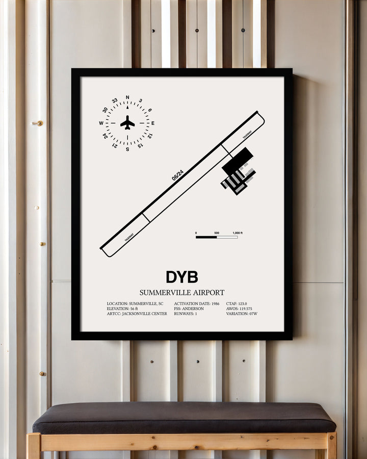 Framed Detailed Airport Map of Summerville Airport (DYB) in White with a Black Frame
