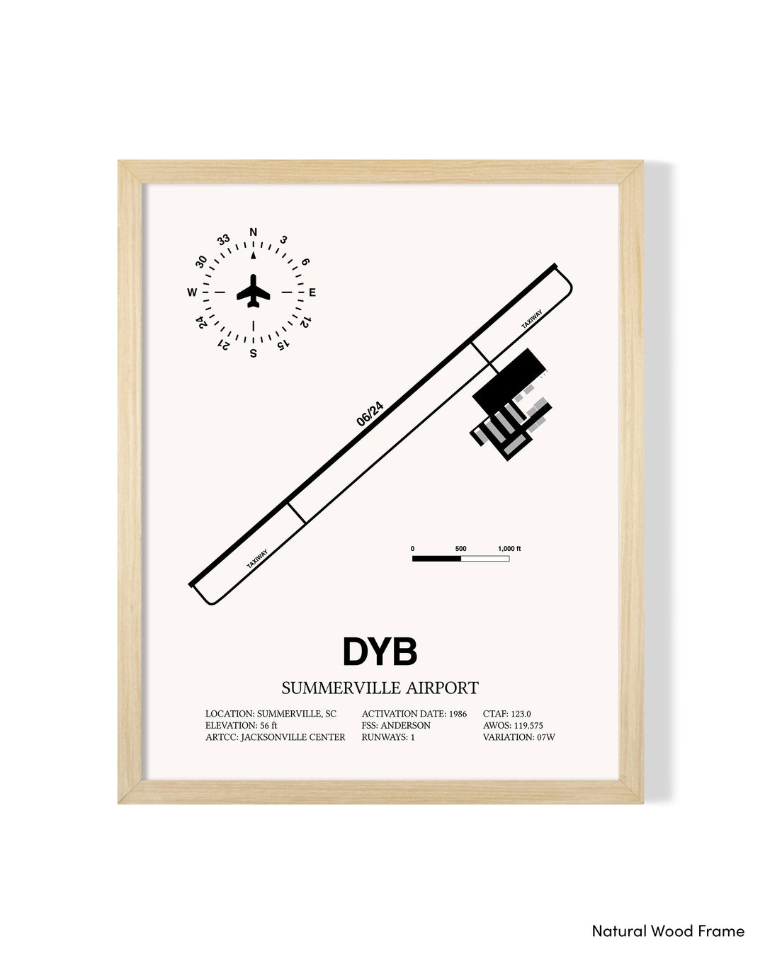 Detailed Airport Map of Summerville Airport (DYB) in White with a Natural Frame