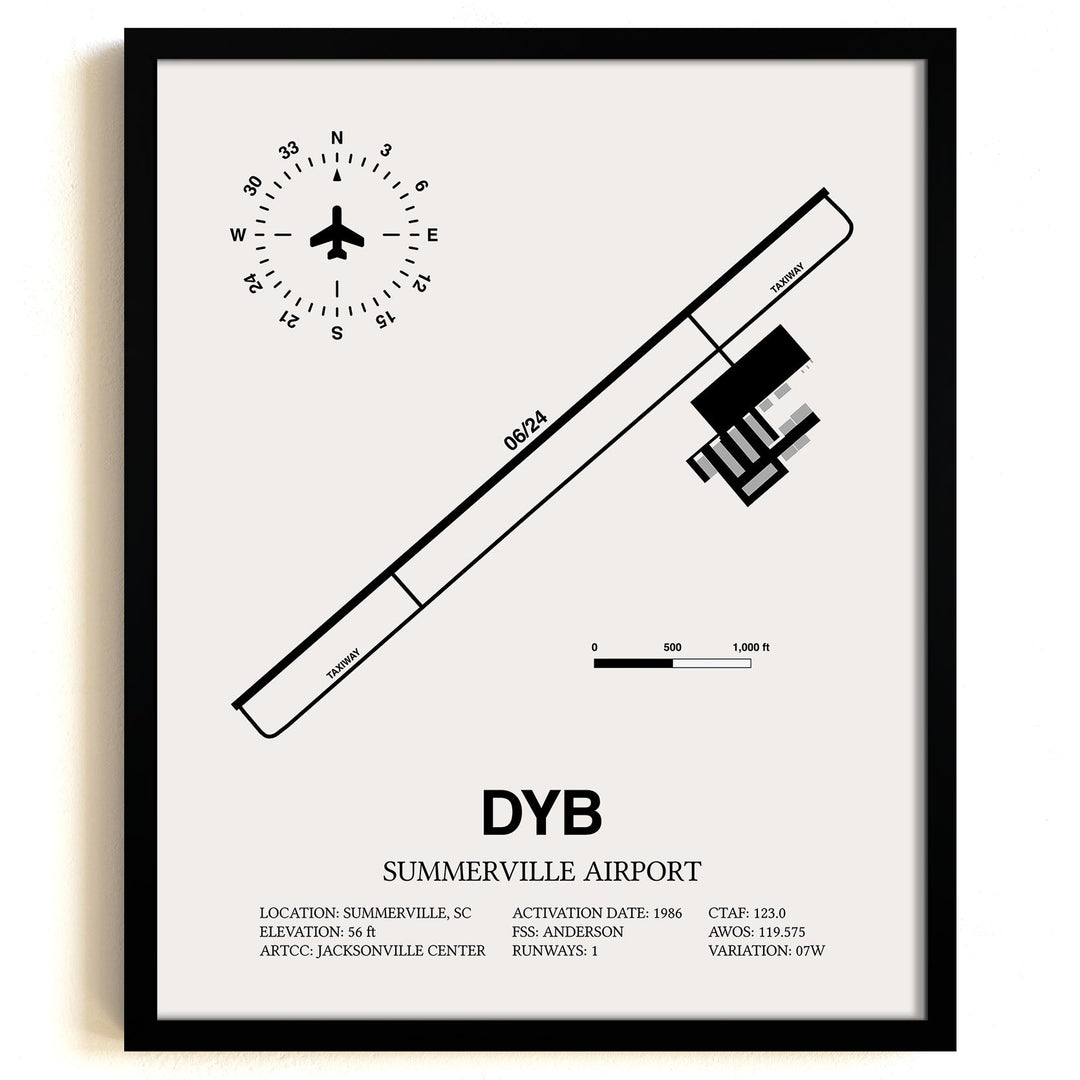 Framed Detailed Airport Map of Summerville Airport (DYB) in White with a Black Frame