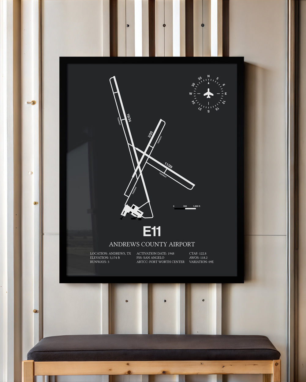 Framed Detailed Airport Map of Andrews County Airport (E11) in Gray with a Black Frame