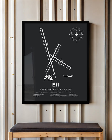 Framed Detailed Airport Map of Andrews County Airport (E11) in Gray with a Black Frame
