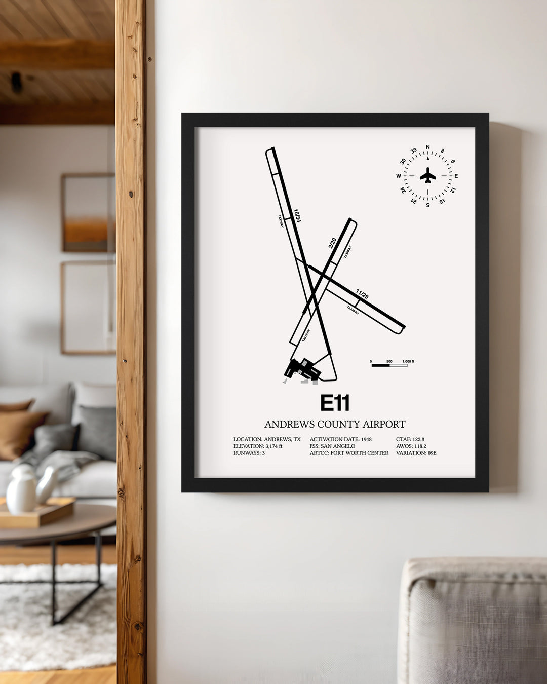 Framed Detailed Airport Map of Andrews County Airport (E11) in White with a Black Frame