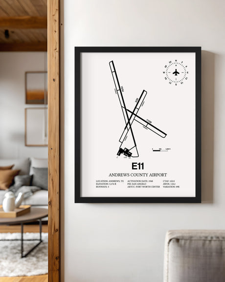 Framed Detailed Airport Map of Andrews County Airport (E11) in White with a Black Frame