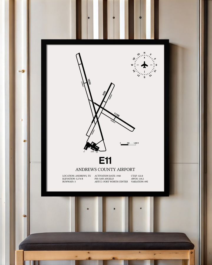 Framed Detailed Airport Map of Andrews County Airport (E11) in White with a Black Frame