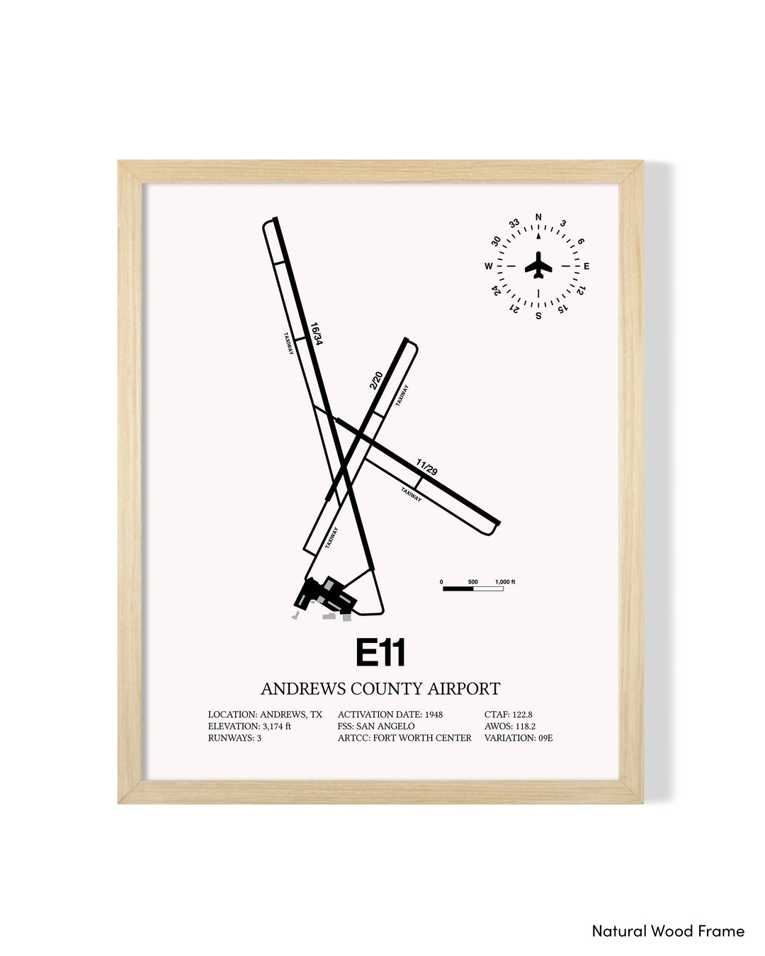Detailed Airport Map of Andrews County Airport (E11) in White with a Natural Frame