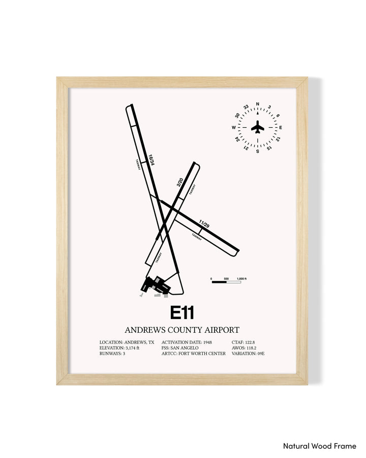 Detailed Airport Map of Andrews County Airport (E11) in White with a Natural Frame
