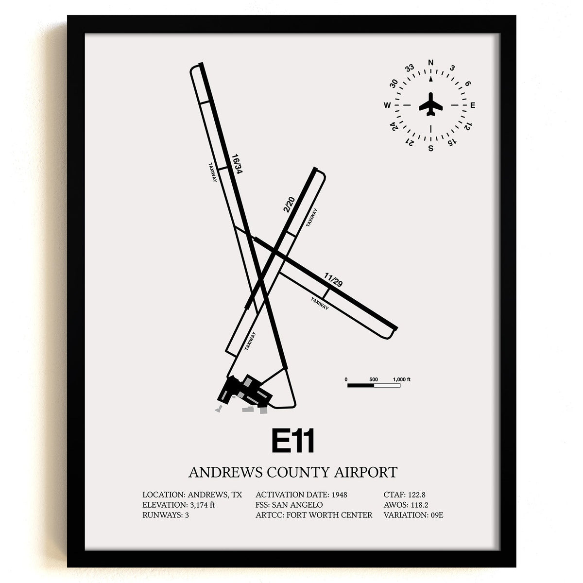 Framed Detailed Airport Map of Andrews County Airport (E11) in White with a Black Frame