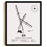 Framed Detailed Airport Map of Andrews County Airport (E11) in White with a Black Frame