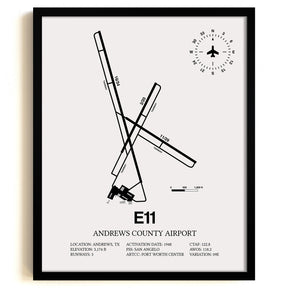 Framed Detailed Airport Map of Andrews County Airport (E11) in White with a Black Frame