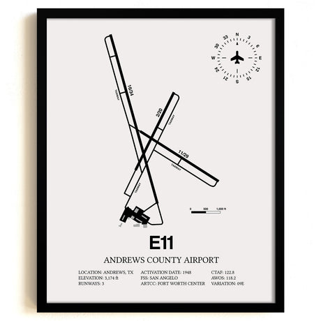 Framed Detailed Airport Map of Andrews County Airport (E11) in White with a Black Frame