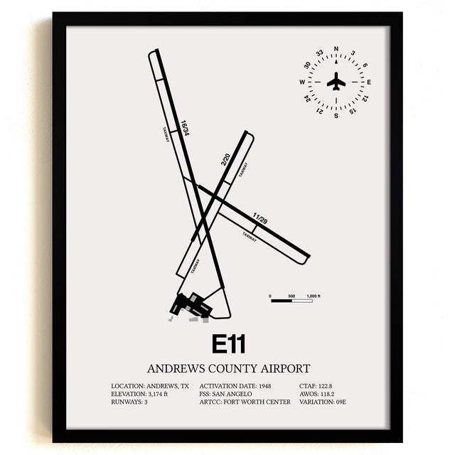 Framed Detailed Airport Map of Andrews County Airport (E11) in White with a Black Frame